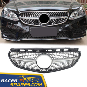 RacerSpares Chrome Diamond Front Bumper Grill Grille For Mercedes Benz W212 E-CLASS Facelift Sedan 2014-2016 w/o camera