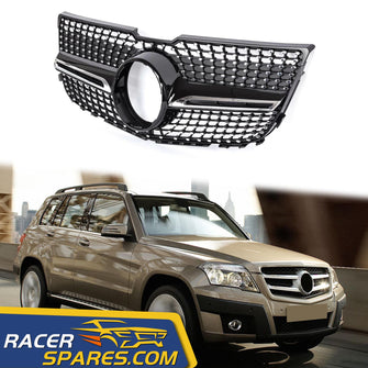 RacerSpares Diamond Grill Front Bumper Grille Fit Mercedes-Benz X204 GLK Facelift LCI 2013 2014 2015 Black Chrome