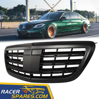 RacerSpares Front Bumper Grill Grille GT Style For Mercedes Benz W222 S-CLASS Sedan 2014-2020 Matte Black